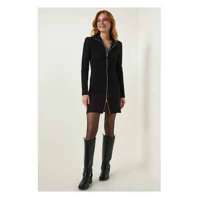 Happiness İstanbul Black Zipper High Neck Mini Knitted Dress