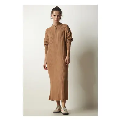 Happiness İstanbul Women's Biscuit Ribbed Oversize Knitwear Dress