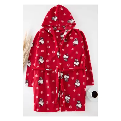 Trendyol Curve Red Hello Kitty Licensed Hooded Fleece Knitted Dressing Gown