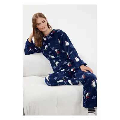 Trendyol Navy Penguin/Winter Patterned Fleece Winter Knitted Pajamas Set