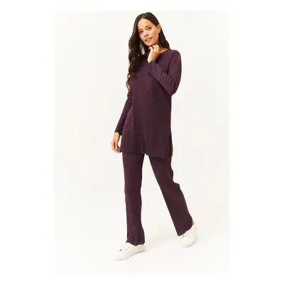 Olalook Women's Damson Top Slit Blouse Bottom Palazzo Ribbed Suit