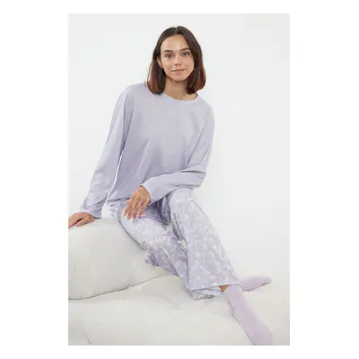 Trendyol Lilac Cotton Floral Knitted Pajama Set