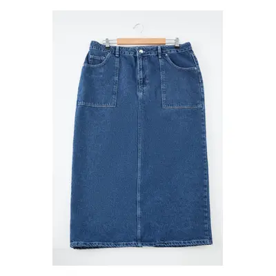 Trendyol Curve Blue More Sustainable Pocket Detail Plus Size Midi Denim Skirt