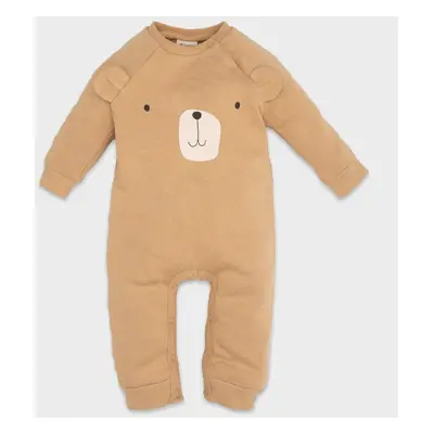 DEFACTO Baby Boy Newborn Beige Buttoned Snap Animal Patterned Long Sleeve Jumpsuit