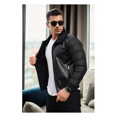 16456 Dewberry Faux Fur Inside Slim Fit Mens Winter Coat-BLACK-BLACK