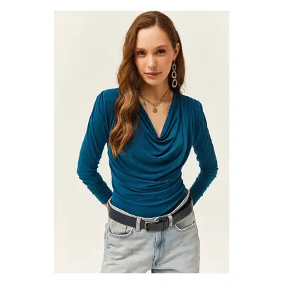 Olalook Women's Petrol Blue Waistband Pleated Turndown Collar Blouse