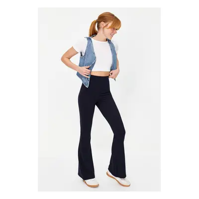 Trendyol Navy Blue Ribbed Flare/Spanish Leg High Waist Stretchy Knitted Leggings Trousers