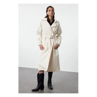 Trendyol White Belted Denim Trench Coat