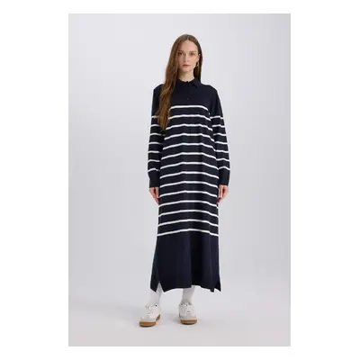 DEFACTO Regular Fit Polo Collar Striped Maxi Knit Dress