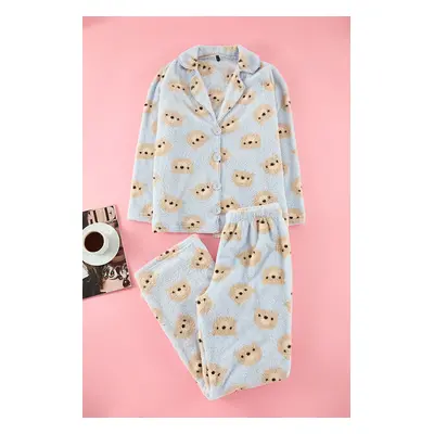 Trendyol Light Blue Teddy Bear Patterned Wellsoft Winter Knitted Pajama Set