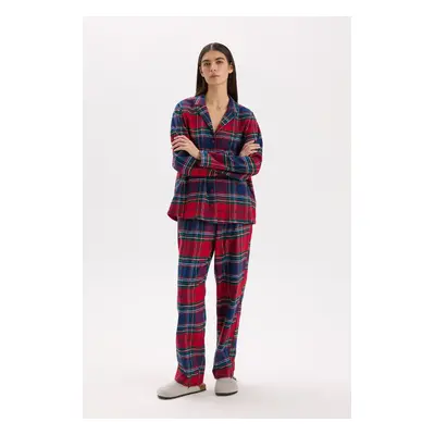 DEFACTO Fall in Love Pajama Set Plaid Flannel Long Sleeve Top Flexible Waist Long Bottom