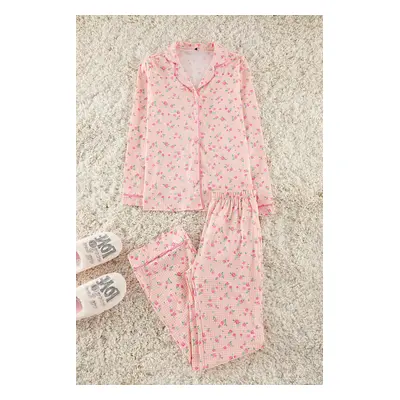 Trendyol Pink 100% Cotton Floral Knitted Pajama Set