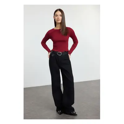 Trendyol Claret Red Fitted/Body-Sit Crop Ribbed Flexible Knit Blouse