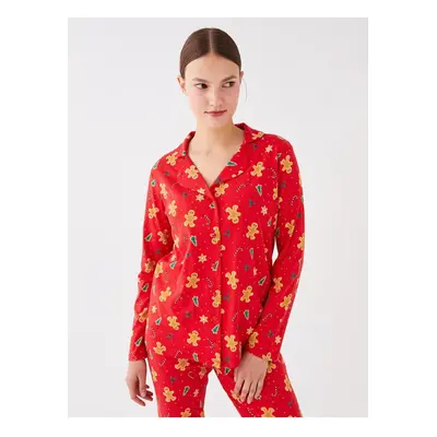 LC Waikiki Women's Shirt Collar Christmas Themed Long Sleeve Pajamas Set