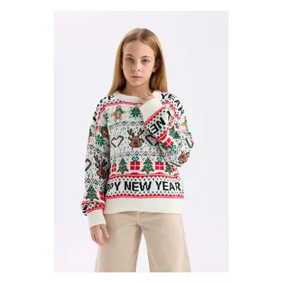 DEFACTO Girls Crew Neck Christmas Themed Knitwear Sweater