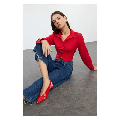 Trendyol Red Crop Cotton Woven Back Detailed Shirt