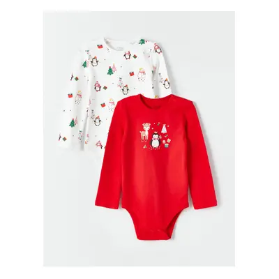 LC Waikiki Crew Neck Long Sleeve Christmas Themed Baby Girl Snap Fastener Body Set of