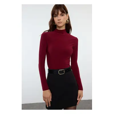 Trendyol Burgundy Fitted Long Sleeve Stand Collar Ribbed Stretchy Knitted Blouse