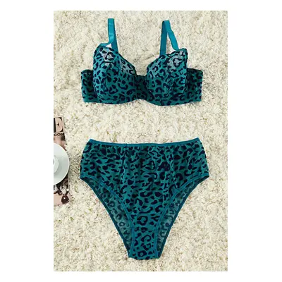 Trendyol Curve Oil Navy Blue Velvet Leopard Print High Waist Plus Size Lingerie Sets