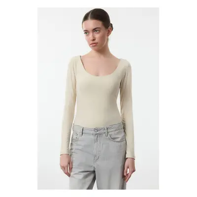 Trendyol Stone Slim Snap Button Pool Neck Long Sleeve Soft Fabric Flexible Knitted Bodysuit