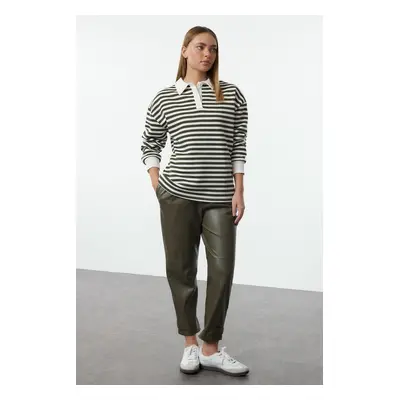 Trendyol Khaki Striped Polo Collar Thick Polar Fleece Oversize Knitted Sweatshirt