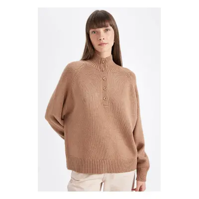 DEFACTO Relax Fit Soft Texture Button Collar Basic Plain Knitwear Sweater