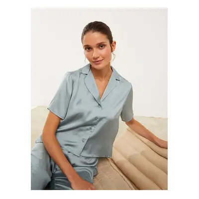 LC Waikiki Women's Shirt Collar Plain Short Sleeve Satin Pajamas Set