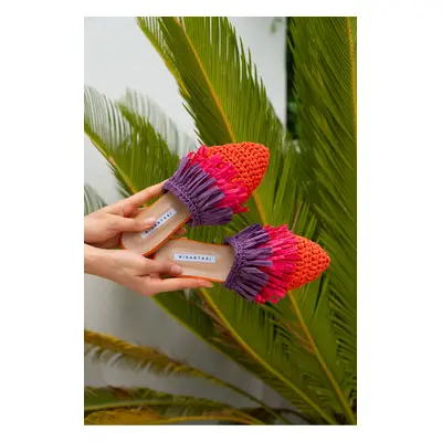 NİŞANTAŞI SHOES Viana Orange Knitted Purple Fuchsia Women's Slippers with Tassel Detail.