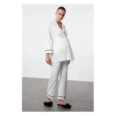 Trendyol Curve White Piping and Belted Knitted Maternity & Postpartum Pajama Set