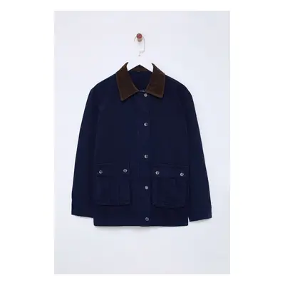 Trendyol Dark Blue Contrast Suede Collar Oversize Denim Shirt Jacket