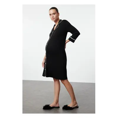 Trendyol Curve Black Shirt Collar Piping Knitted Maternity & Postpartum Nightgown