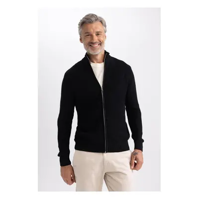 DEFACTO Black Standard Fit Regular Cut Half Turtleneck Zippered Knitwear Cardigan