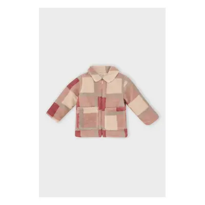 DEFACTO Baby Girl Shirt Collar Zippered Square Patterned Welsoft Plush Cardigan