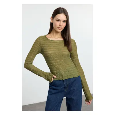 Trendyol Khaki Fitted/Body-Smoothing Textured Tulle Flexible Knit Blouse