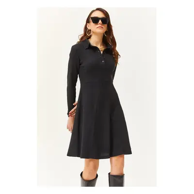 Olalook Women's Black Polo Collar Buttoned Mini Flared Dress