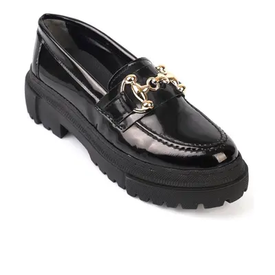 Capone Outfitters Oval Toe Metal Buckle Trak Sole Women's Patent Leather Black Gold Loafer