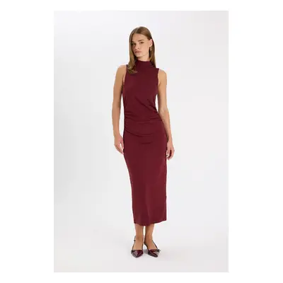 DEFACTO Bodycon Fitted Basic Plain Half Turtleneck Sleeveless Maxi Burgundy Dress