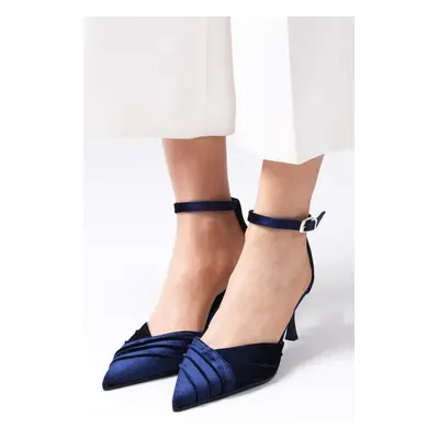 Mio Gusto Dina Navy Blue Color Velor Fabric Women's Heeled Shoes.