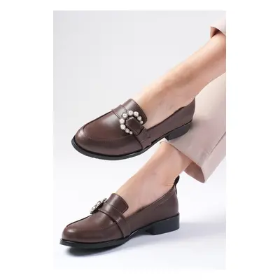 Mio Gusto Brown Pearl Buckle Women's Casual Flat Oxford Shoes