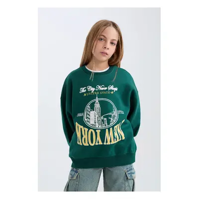 DEFACTO Girl Oversize Wide Pattern Crew Neck University Printed Sweatshirt