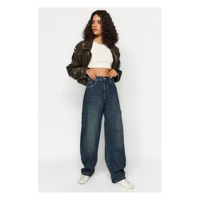 Trendyol Dark Blue More Sustainable Wash Effect Loose Cut High Waist Carpenter Skater Jeans