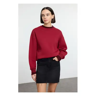 Trendyol Claret Red Thick Fleece Inside Knitwear Collar and Sleeve Detailed Knitted Sweatshirt