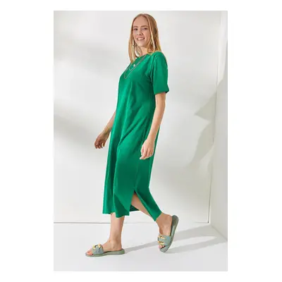 Olalook Women's Grass Green Side Slit Oversize Cotton Dress