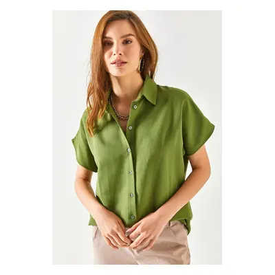 Olalook Women's Khaki Bat Oversize Linen Shirt