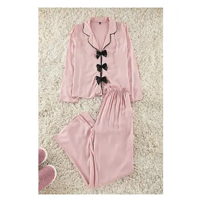 Trendyol Powder Ribbon/Bow and Piping Detailed Viscose Woven Pajama Set