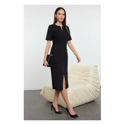 Trendyol Black Belted A-Line Tweed Midi Woven Dress