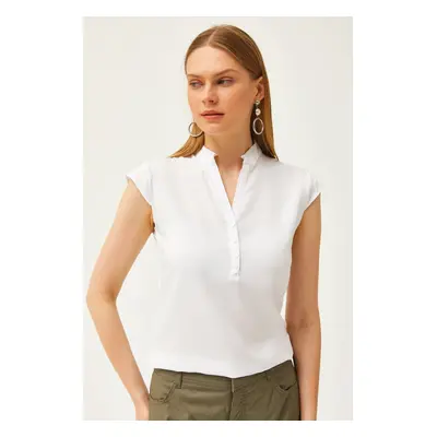 Olalook Women's Ecru V-Neck Buttons Viscose Blouse