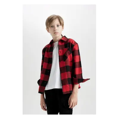 DEFACTO Boy Oversize Wide Pattern Polo Collar Cotton Long Sleeve Plaid Shirt