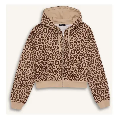 DEFACTO Cool Loose Fit Leopard Printed Hooded Zipper Sweatshirt