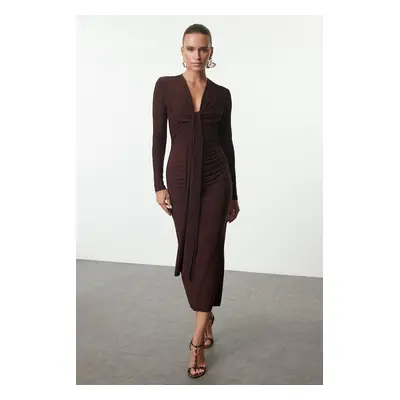 Trendyol Brown Fitted V Neck Knitted Chic Dress